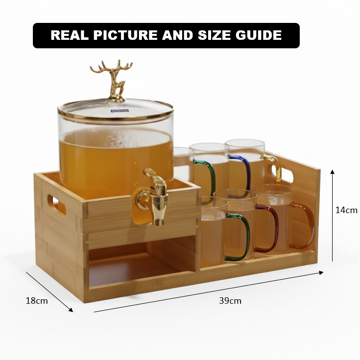 Golden Glass Dispenser Set with Wooden Stand & 6 Glasses