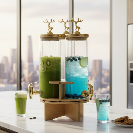 3-Pcs TintedGlass Round Beverage Dispenser Set with Rotatable Wooden Stand