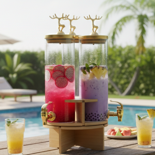 3-Pcs TintedGlass Round Beverage Dispenser Set with Rotatable Wooden Stand