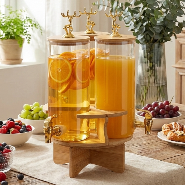 3-Pcs TintedGlass Round Beverage Dispenser Set with Rotatable Wooden Stand