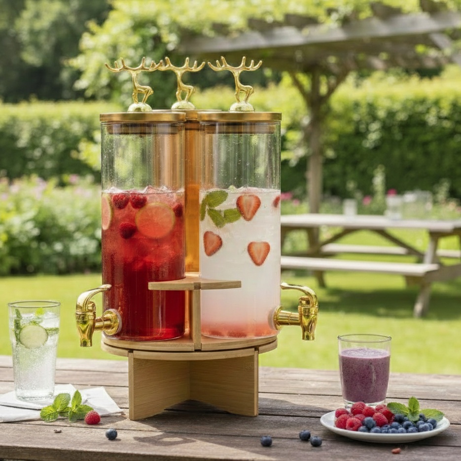 3-Pcs TintedGlass Round Beverage Dispenser Set with Rotatable Wooden Stand
