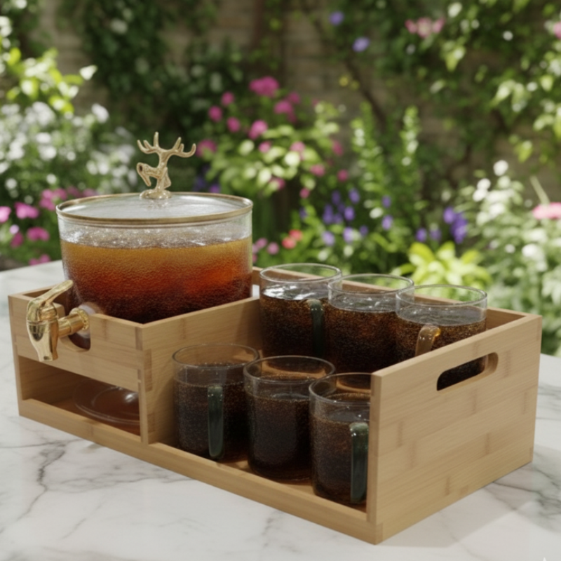 Golden Glass Dispenser Set with Wooden Stand & 6 Glasses