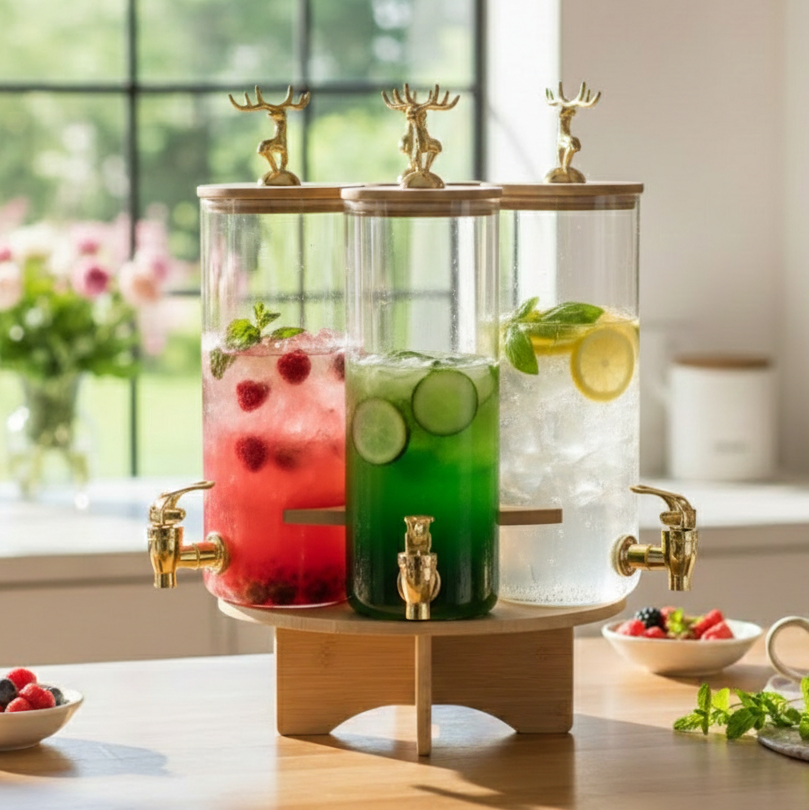 3-Pcs TintedGlass Square Beverage Dispenser Set with Rotatable Wooden Stand