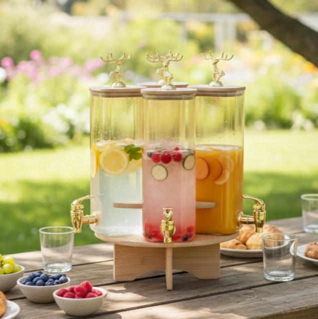 3-Pcs TintedGlass Square Beverage Dispenser Set with Rotatable Wooden Stand