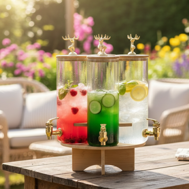 3-Pcs TintedGlass Square Beverage Dispenser Set with Rotatable Wooden Stand