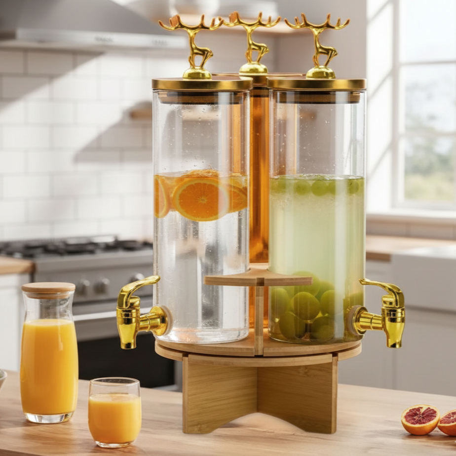 3-Pcs TintedGlass Round Beverage Dispenser Set with Rotatable Wooden Stand