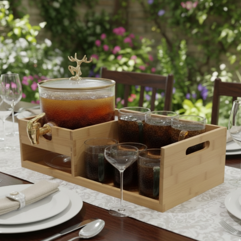 Golden Glass Dispenser Set with Wooden Stand & 6 Glasses