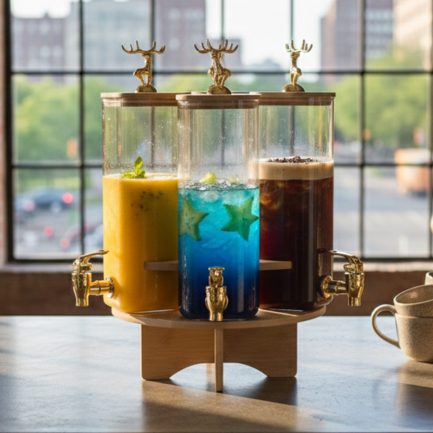 3-Pcs TintedGlass Square Beverage Dispenser Set with Rotatable Wooden Stand