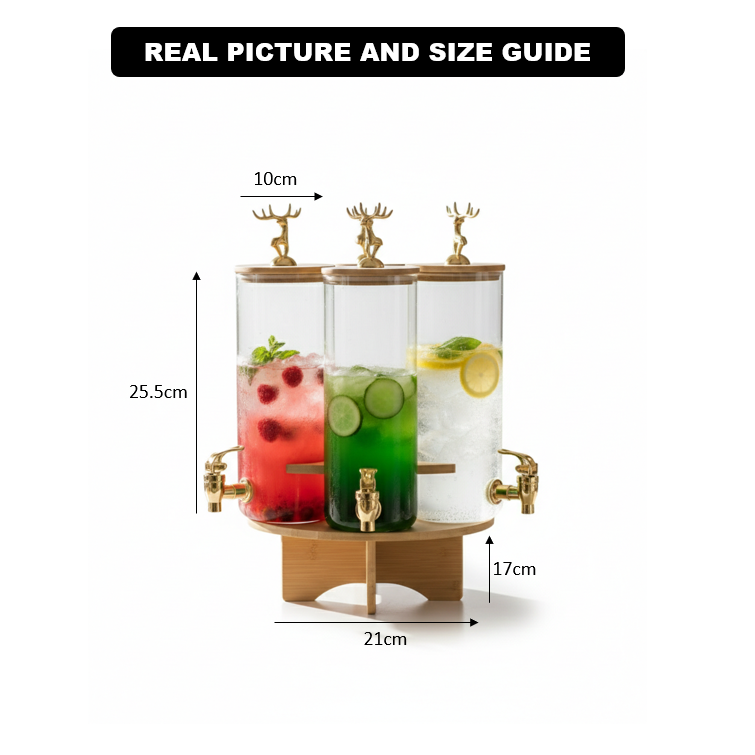 3-Pcs TintedGlass Square Beverage Dispenser Set with Rotatable Wooden Stand