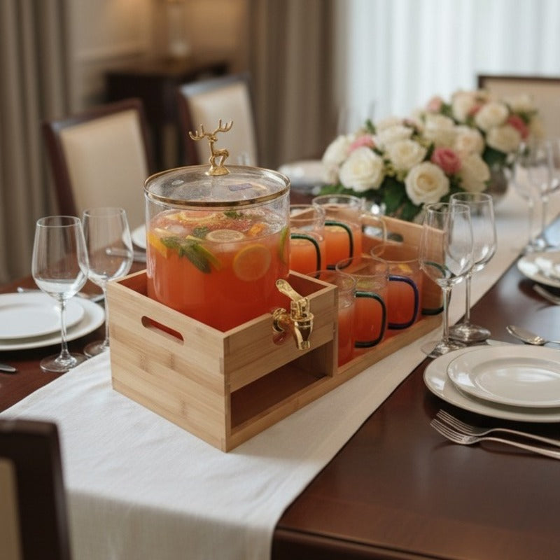Golden Glass Dispenser Set with Wooden Stand & 6 Glasses