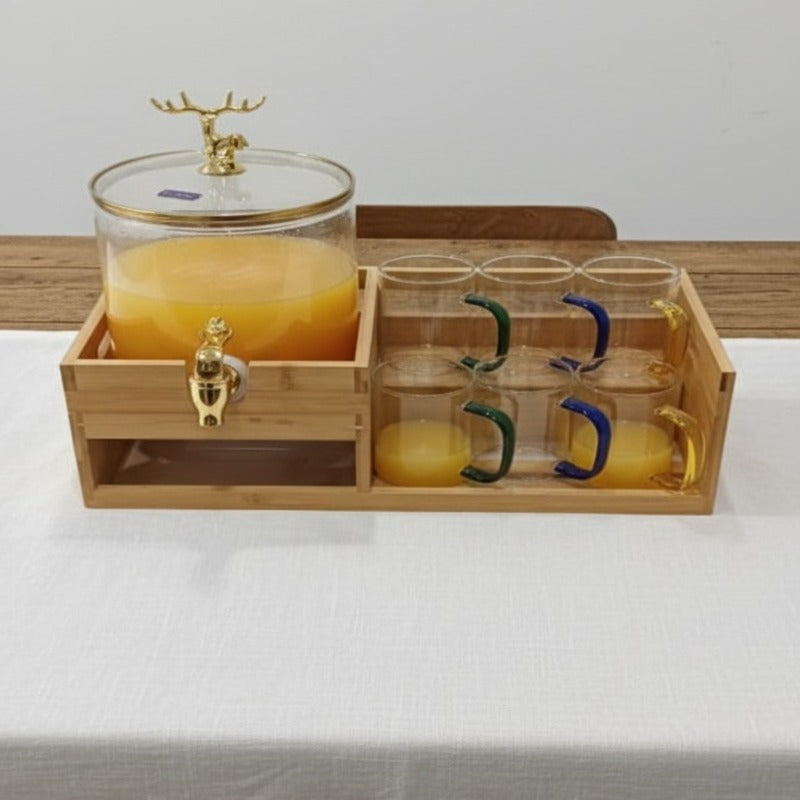 Golden Glass Dispenser Set with Wooden Stand & 6 Glasses