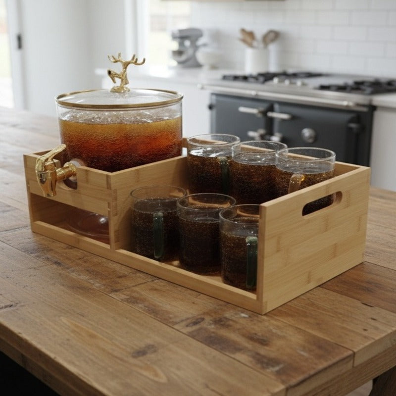 Golden Glass Dispenser Set with Wooden Stand & 6 Glasses
