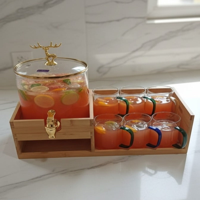 Golden Glass Dispenser Set with Wooden Stand & 6 Glasses