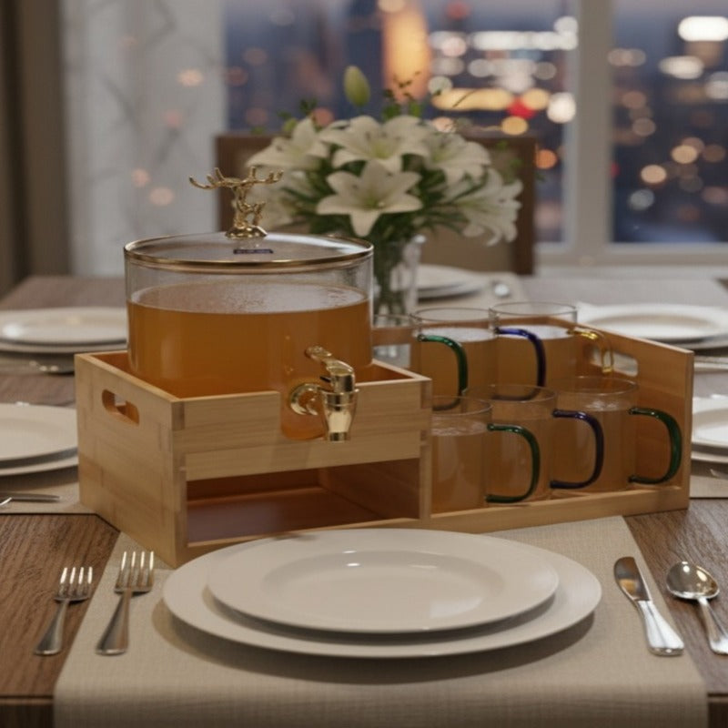 Golden Glass Dispenser Set with Wooden Stand & 6 Glasses