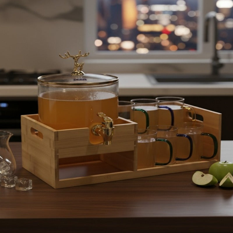 Golden Glass Dispenser Set with Wooden Stand & 6 Glasses