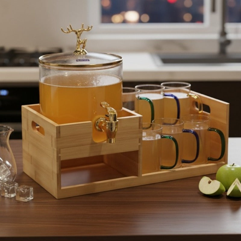 Golden Glass Dispenser Set with Wooden Stand & 6 Glasses