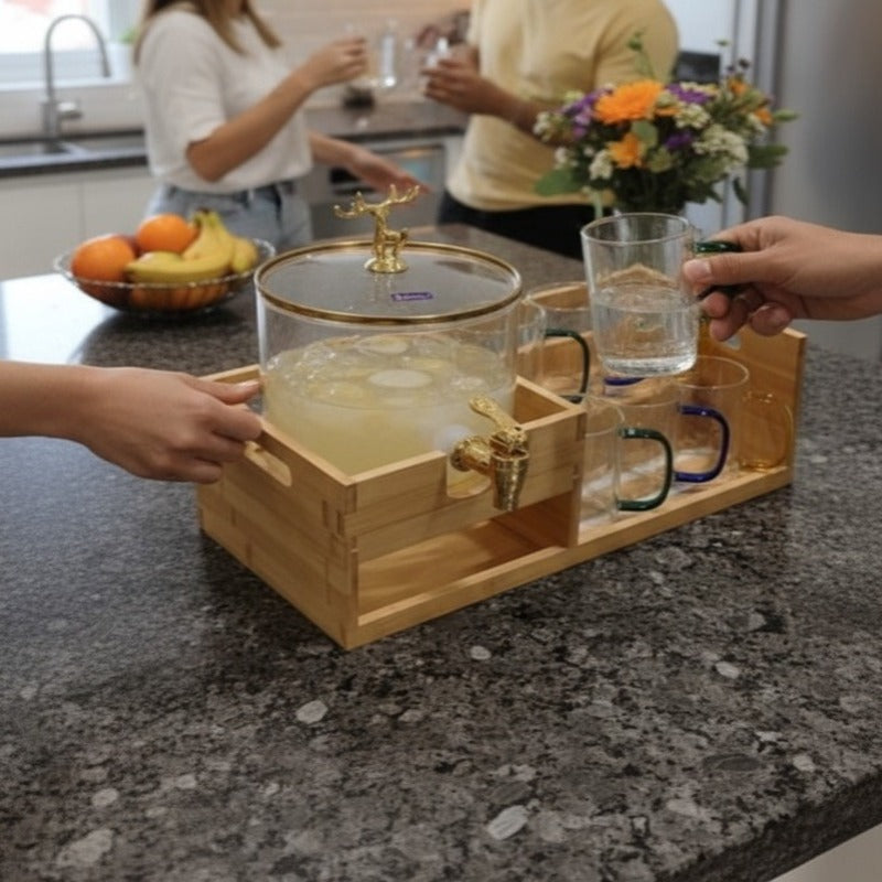 Golden Glass Dispenser Set with Wooden Stand & 6 Glasses