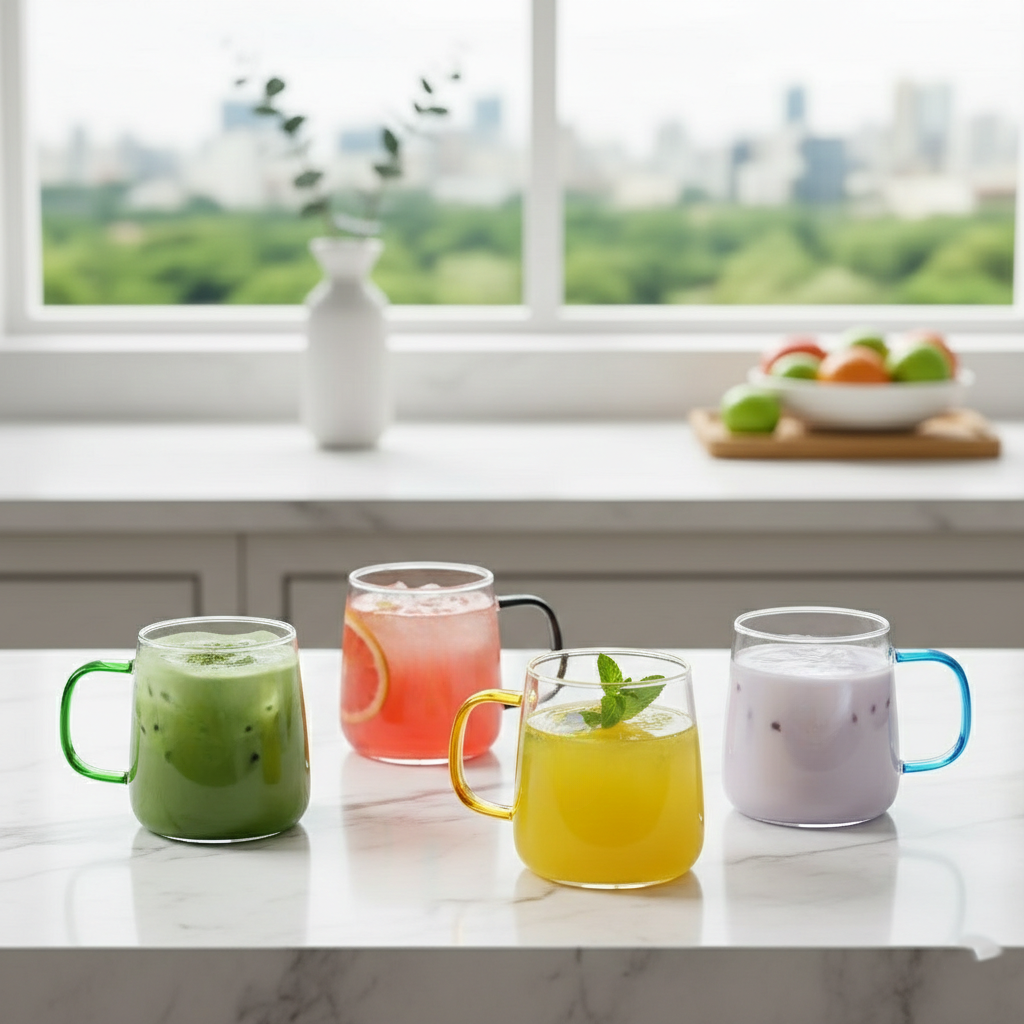 4-Pcs Glass Mugs with Colorful Handles